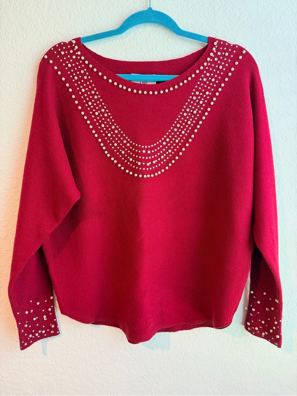 Milano Red Crewneck Sweater with Pearl Stud Accents